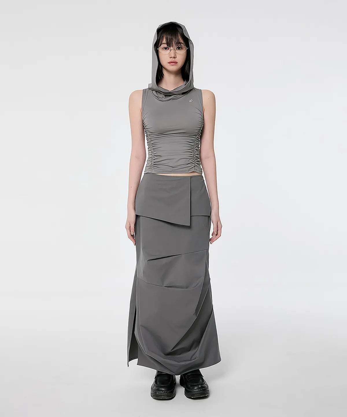 【Flare up】Hooded High Neck Sleeveless [Gray / Black]
