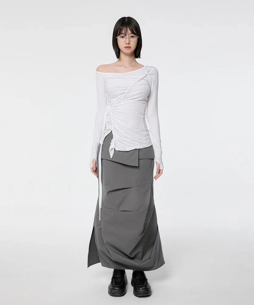 【Flare up】Handmade Twisted One-Shoulder Long Sleeve [Black / White / Gray]