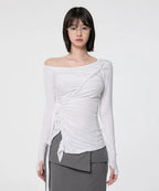 【Flare up】Handmade Twisted One-Shoulder Long Sleeve [Black / White / Gray]
