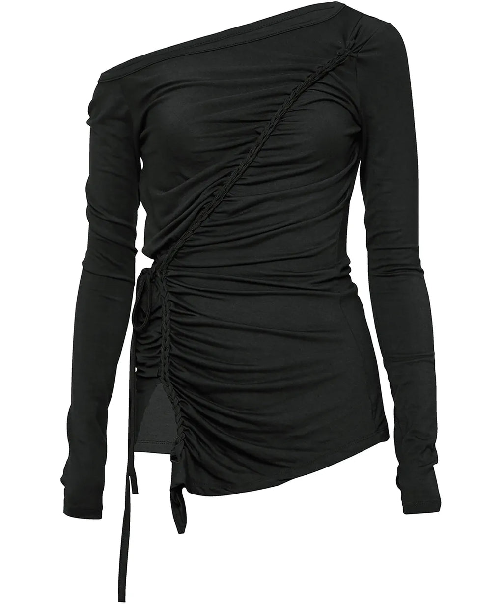 【Flare up】Handmade Twisted One-Shoulder Long Sleeve [Black / White / Gray]
