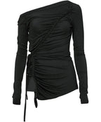 【Flare up】Handmade Twisted One-Shoulder Long Sleeve [Black / White / Gray]
