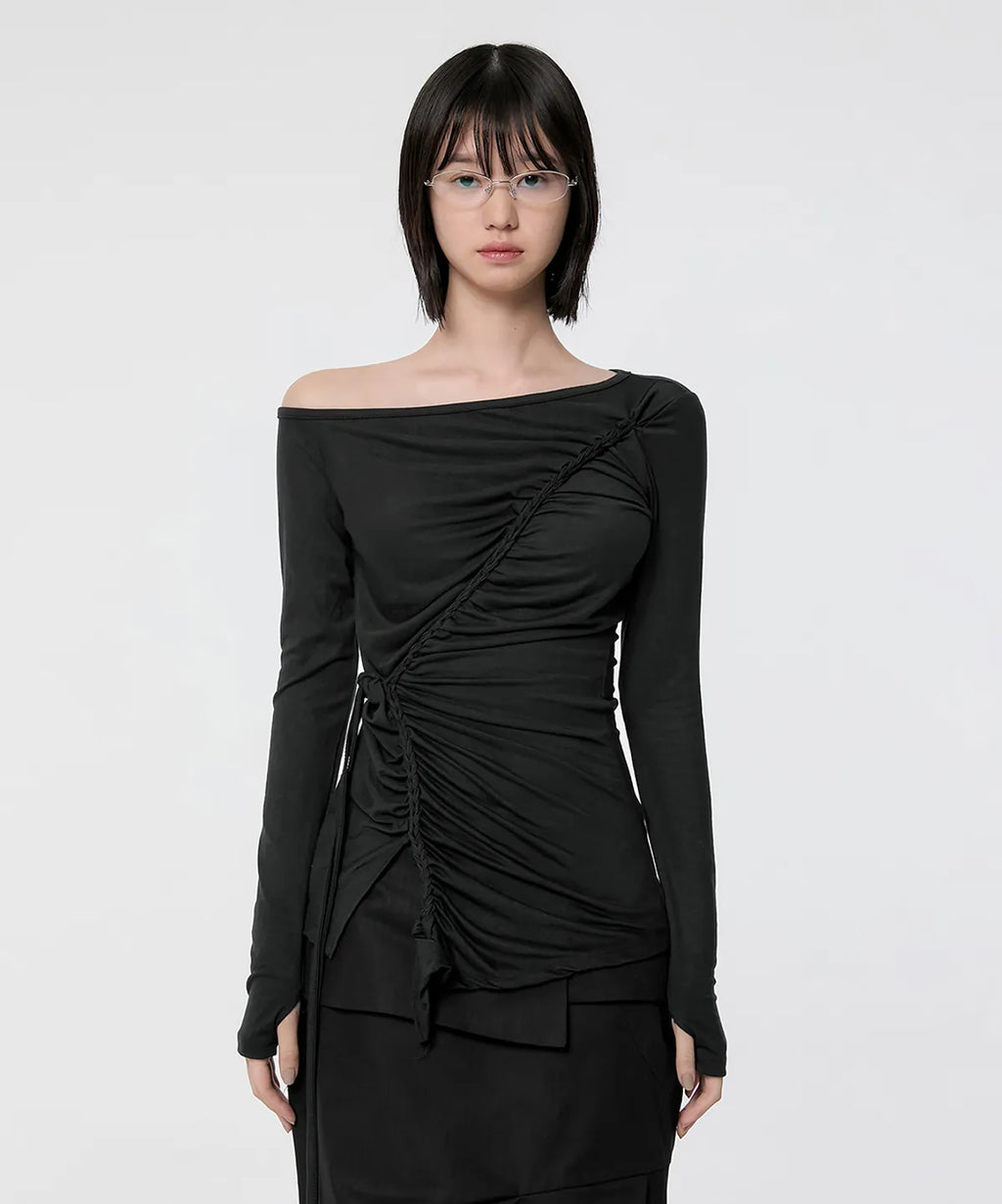 【Flare up】Handmade Twisted One-Shoulder Long Sleeve [Black / White / Gray]