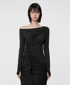 【Flare up】Handmade Twisted One-Shoulder Long Sleeve [Black / White / Gray]