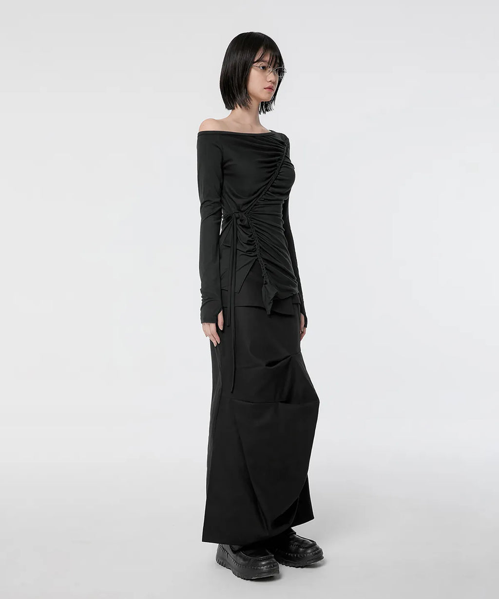 【Flare up】Handmade Twisted One-Shoulder Long Sleeve [Black / White / Gray]