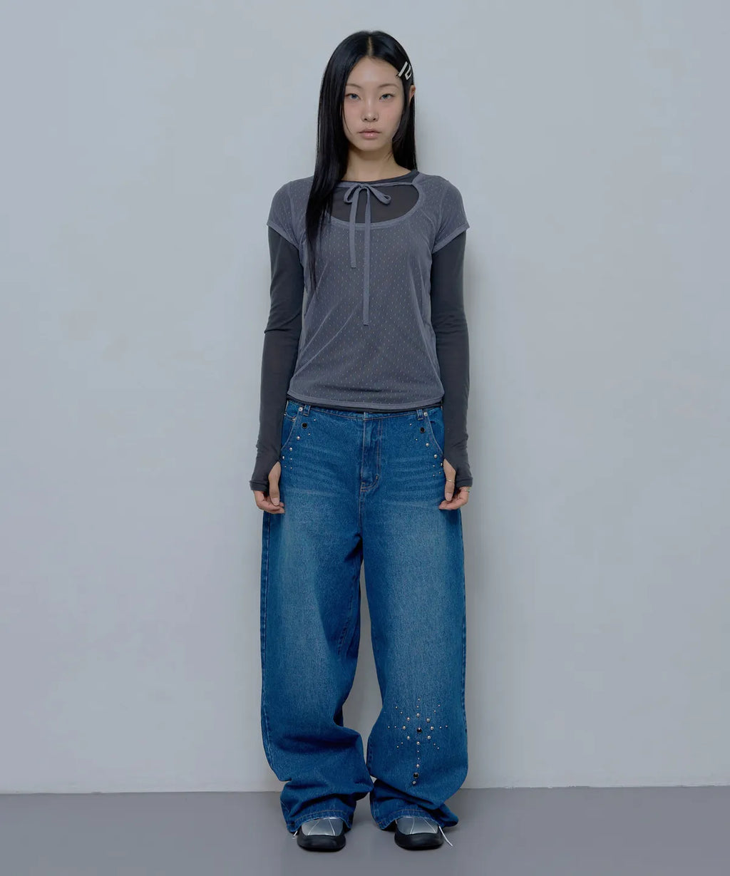 【Fancy Club】3-WAY DOT LAYERED LONG SLEEVE [Beige / Gray]