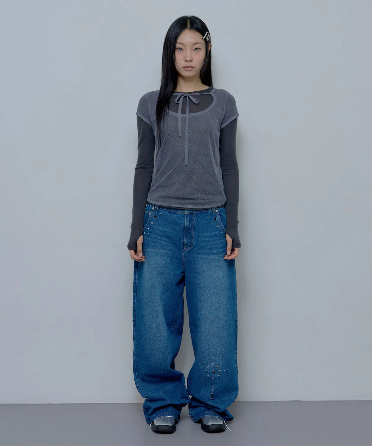 【Fancy Club】3-WAY DOT LAYERED LONG SLEEVE [Beige / Gray]