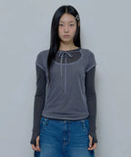 【Fancy Club】3-WAY DOT LAYERED LONG SLEEVE [Beige / Gray]