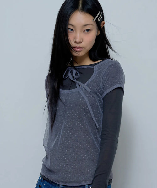 【Fancy Club】3-WAY DOT LAYERED LONG SLEEVE [Beige / Gray]