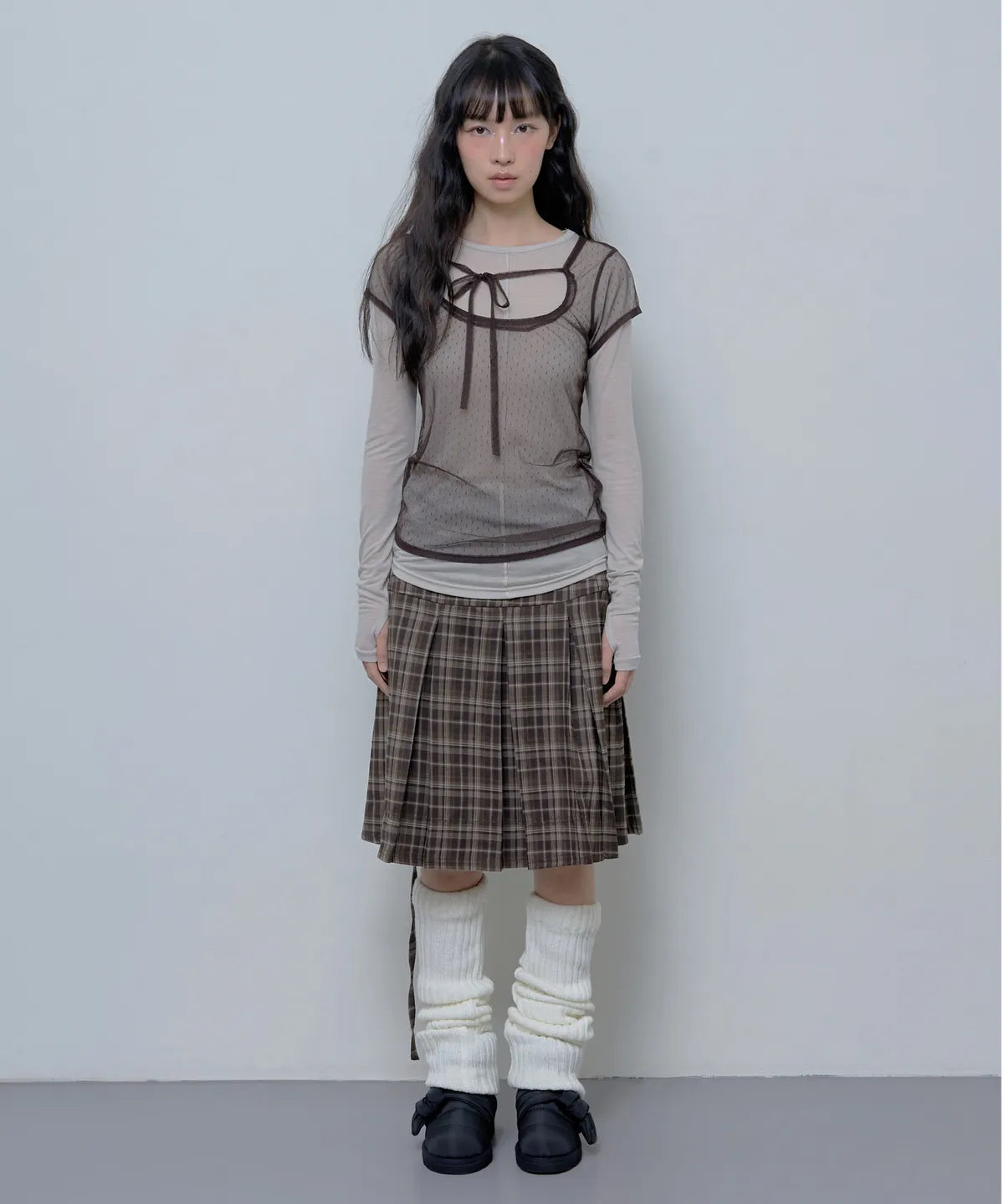 【Fancy Club】3-WAY DOT LAYERED LONG SLEEVE [Beige / Gray]