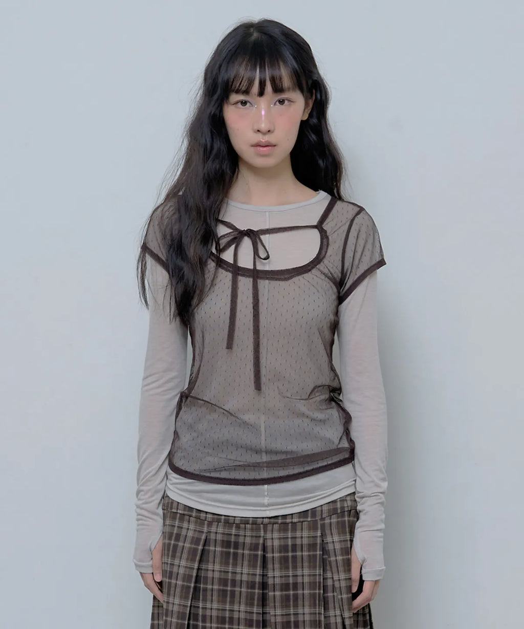 【Fancy Club】3-WAY DOT LAYERED LONG SLEEVE [Beige / Gray]