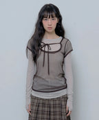 【Fancy Club】3-WAY DOT LAYERED LONG SLEEVE [Beige / Gray]