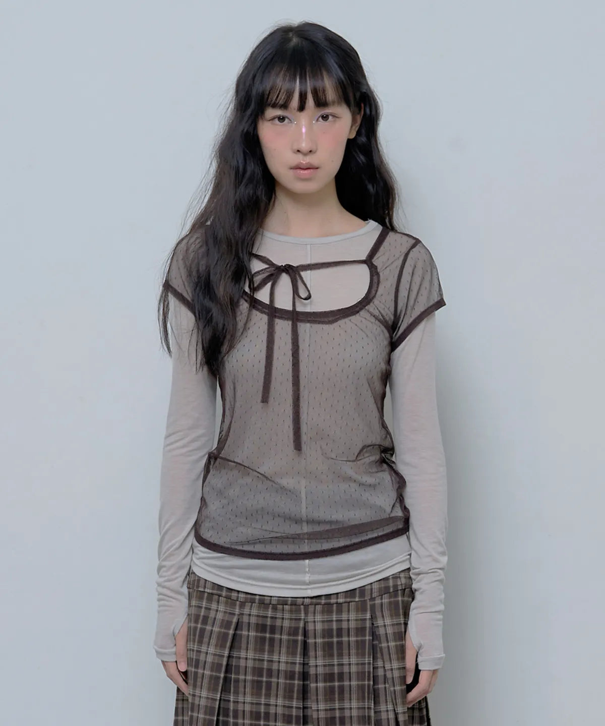 【Fancy Club】3-WAY DOT LAYERED LONG SLEEVE [Beige / Gray]