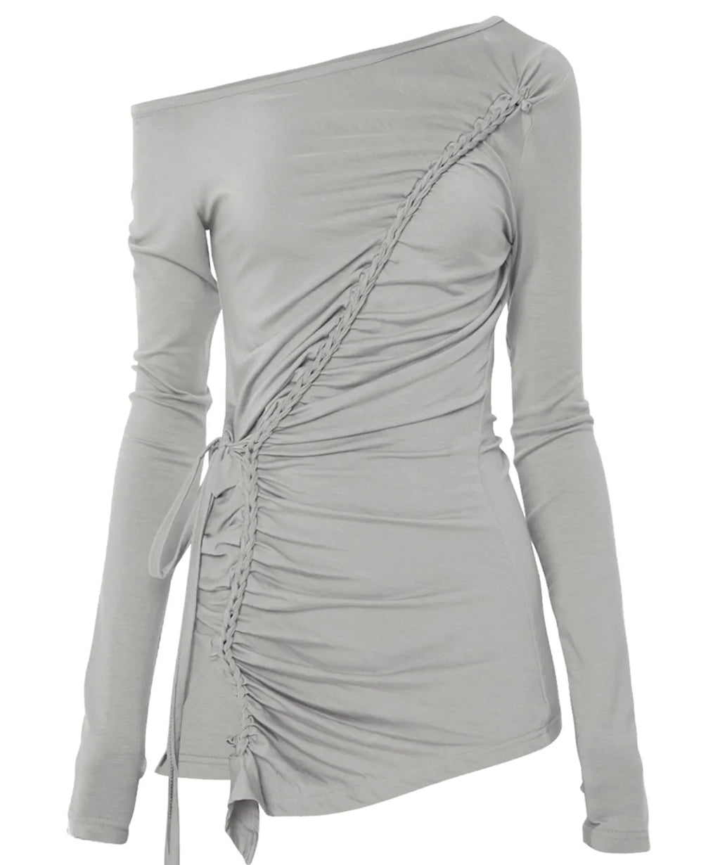 【Flare up】Handmade Twisted One-Shoulder Long Sleeve [Black / White / Gray]