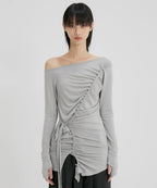 【Flare up】Handmade Twisted One-Shoulder Long Sleeve [Black / White / Gray]