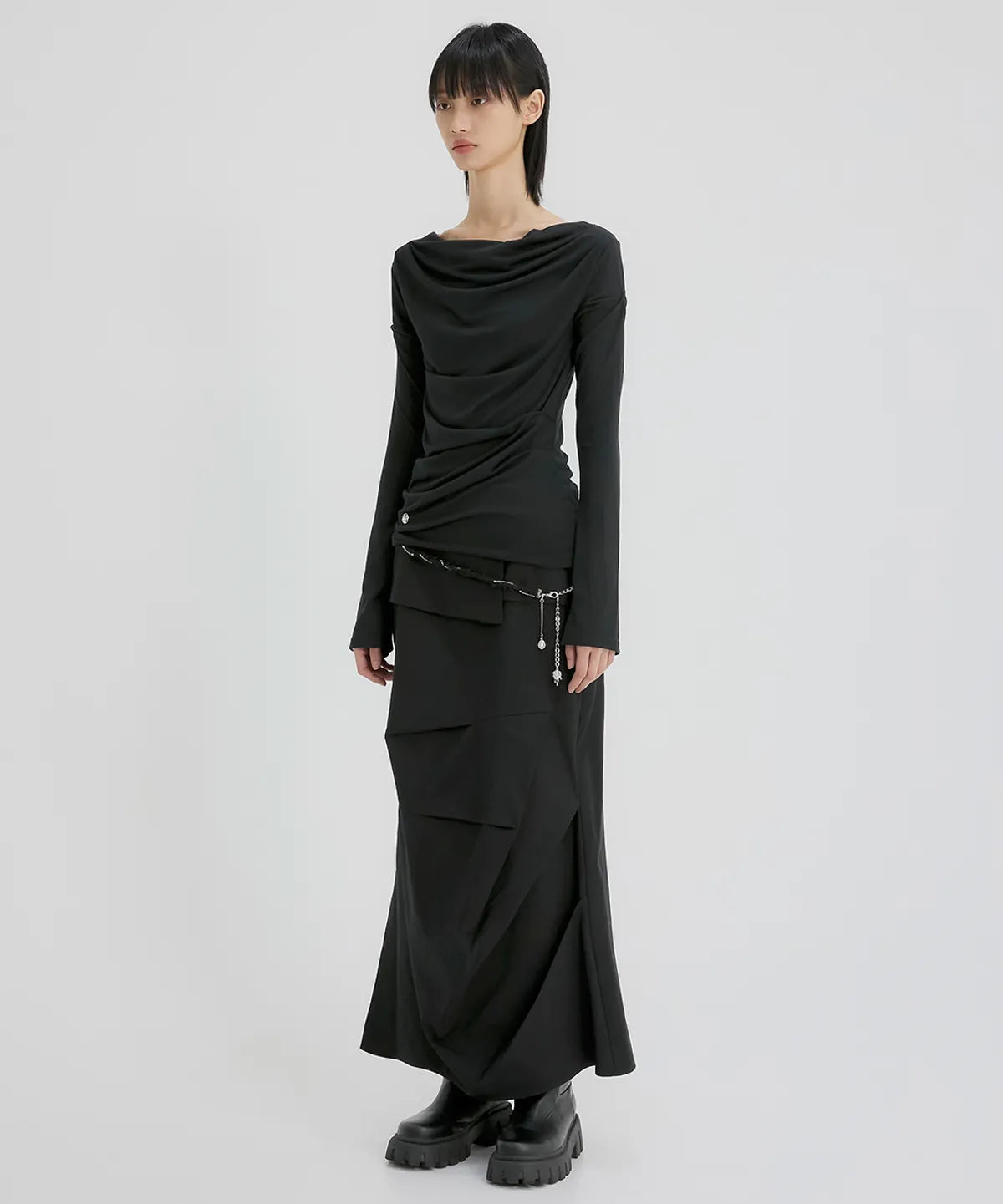 【Flare up】Drape Long Sleeve [Black / Grey]