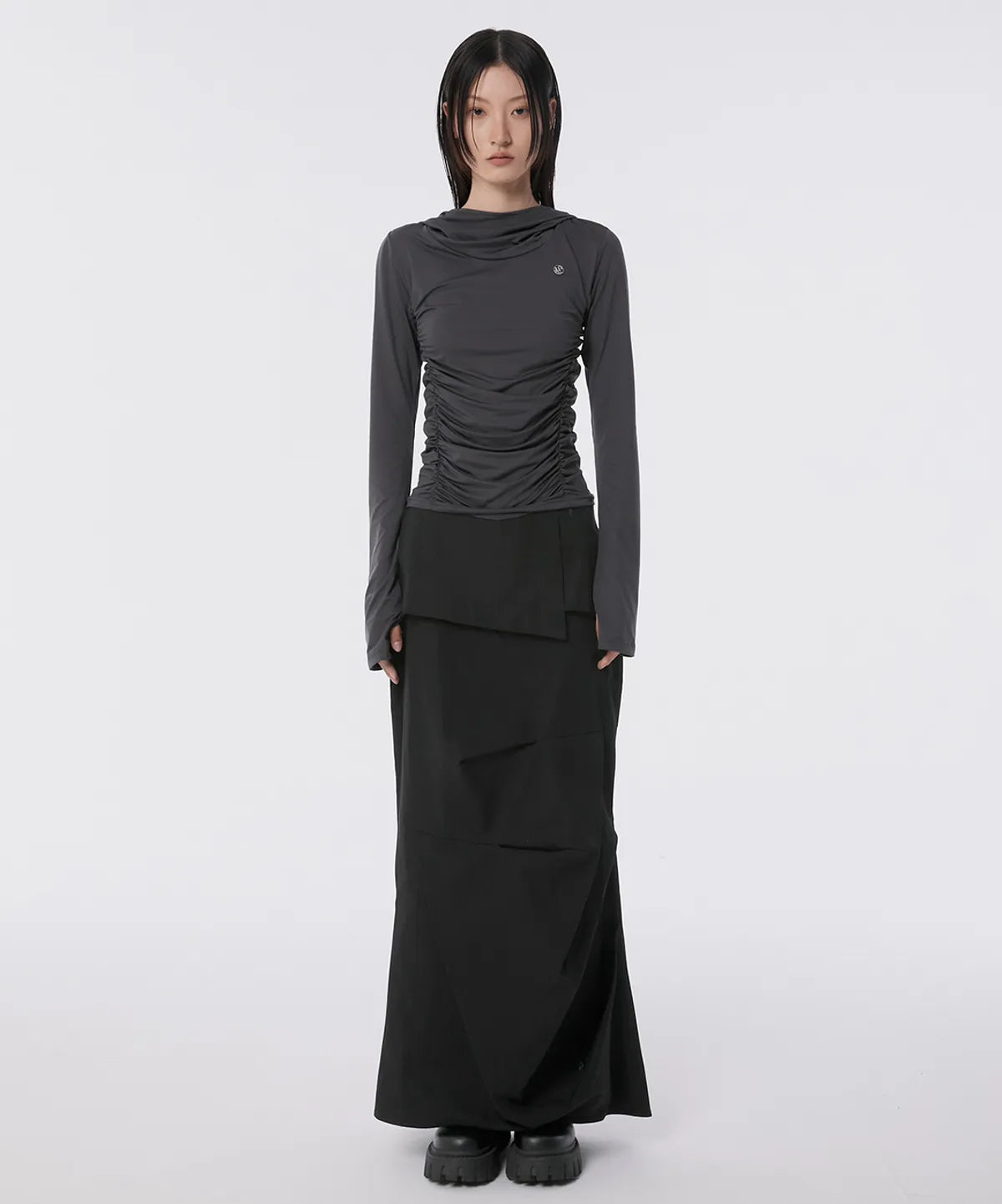 【Flare up】Hooded High Neck Long Sleeve [Charcoal / Black]
