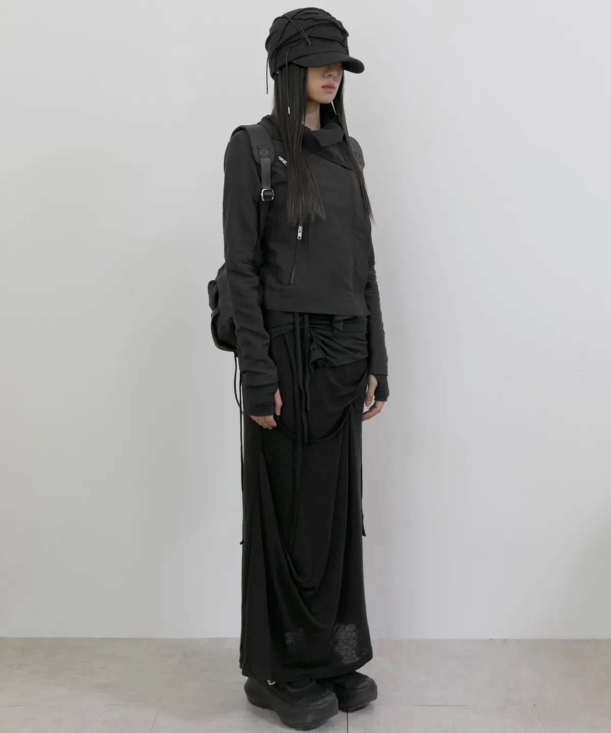 【Flare up】Asymmetrical Biker Leather Jacket [Leather / Black]