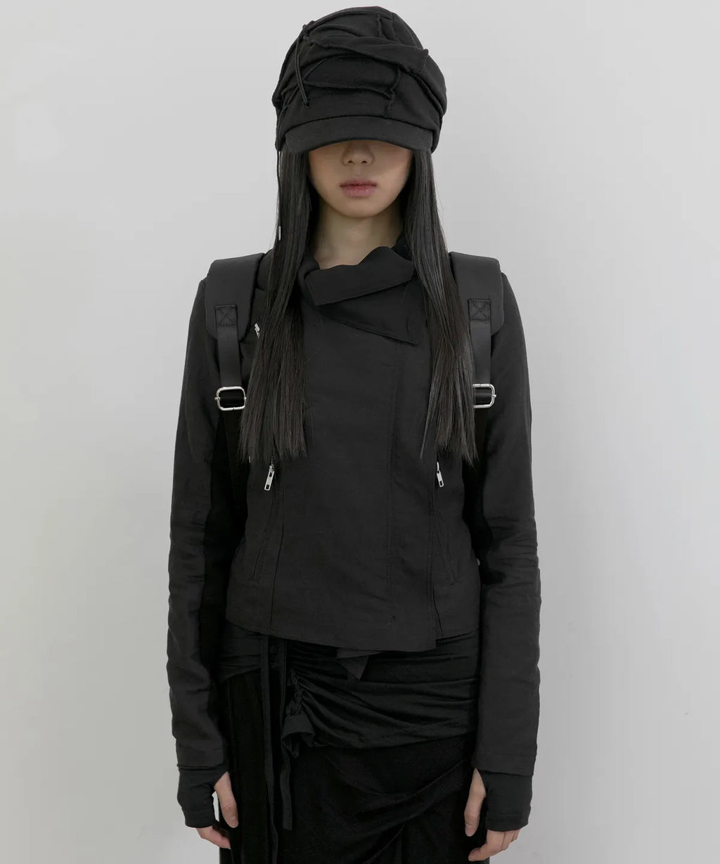 【Flare up】Asymmetrical Biker Leather Jacket [Leather / Black]