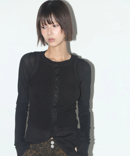 【Fancy Club】3-WAY BUTTON LAYERED LONG SLEEVE [Black / Beige]
