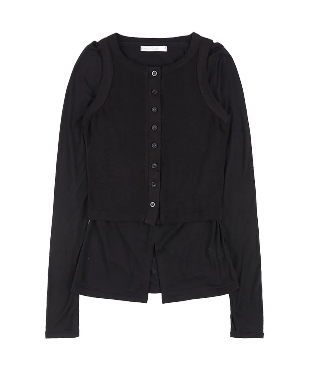 【Fancy Club】3-WAY BUTTON LAYERED LONG SLEEVE [Black / Beige]