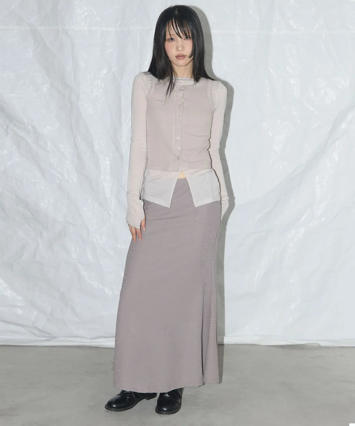 【Fancy Club】3-WAY BUTTON LAYERED LONG SLEEVE [Black / Beige]