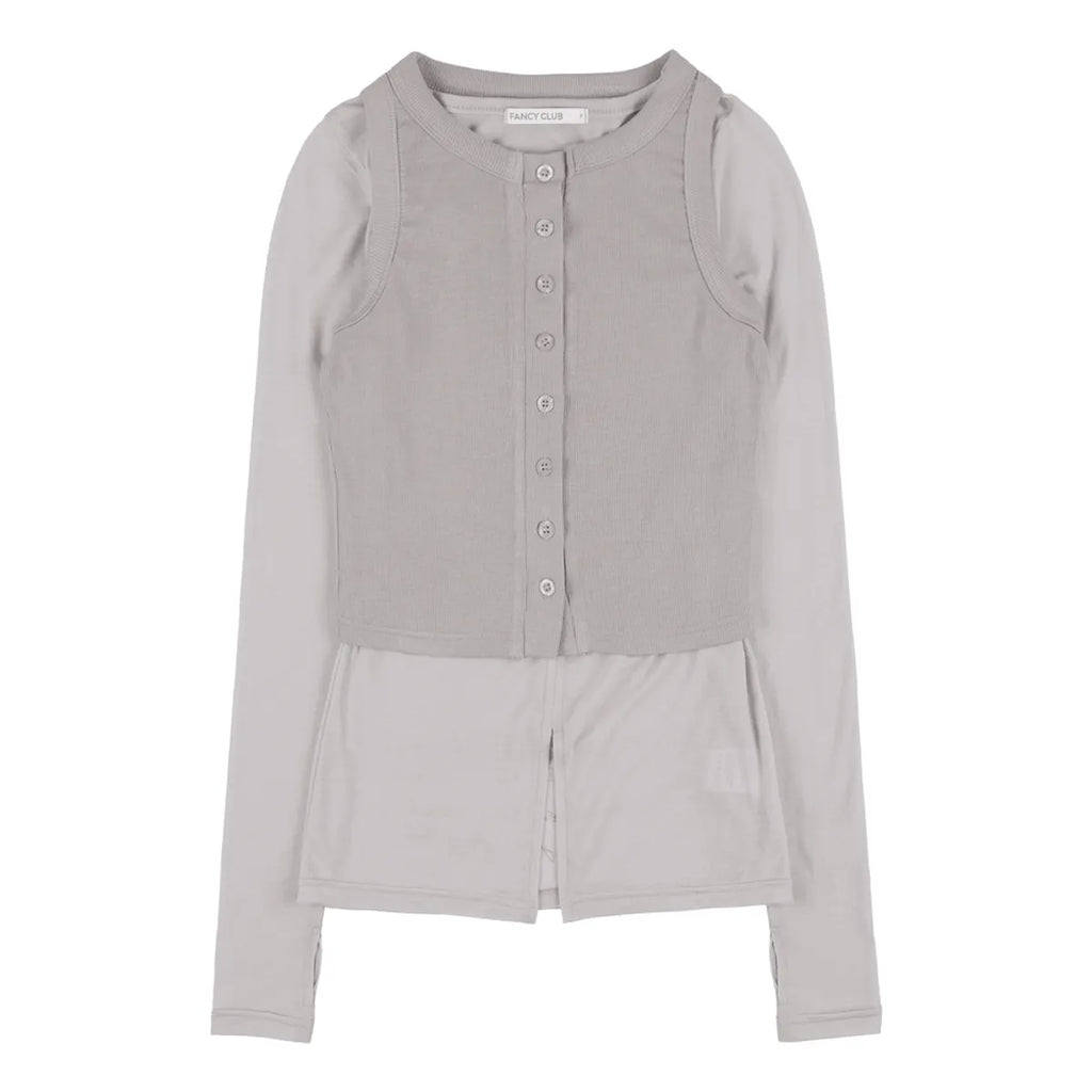 【Fancy Club】3-WAY BUTTON LAYERED LONG SLEEVE [Black / Beige]
