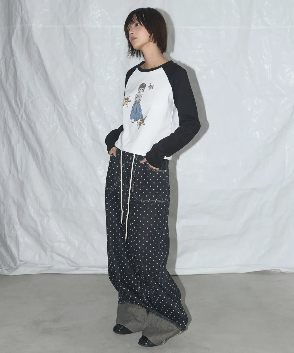 【Fancy Club】STRING DOT ROLL-UP PANTS [Black / Blue]