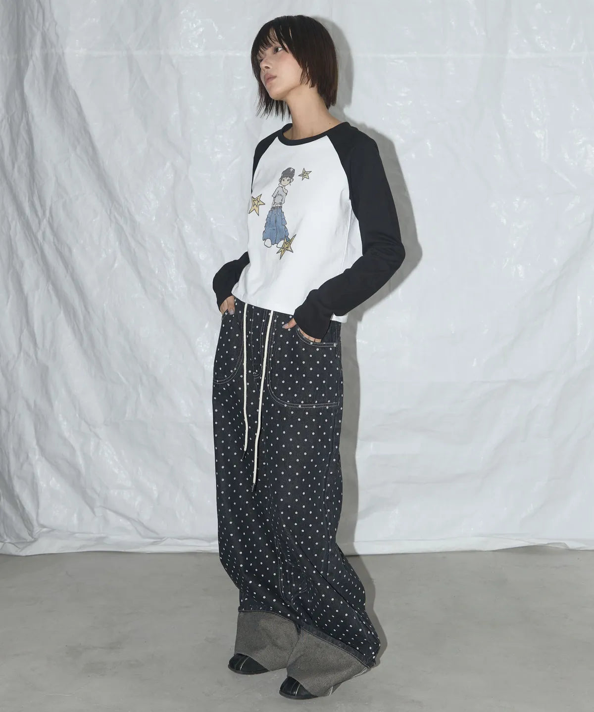 【Fancy Club】STRING DOT ROLL-UP PANTS [Black / Blue]