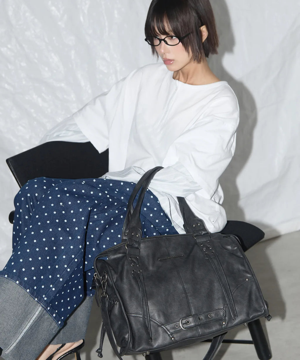 【Fancy Club】BELTED WASHING LEATHER BAG [Black / Gray / Baby Pink]