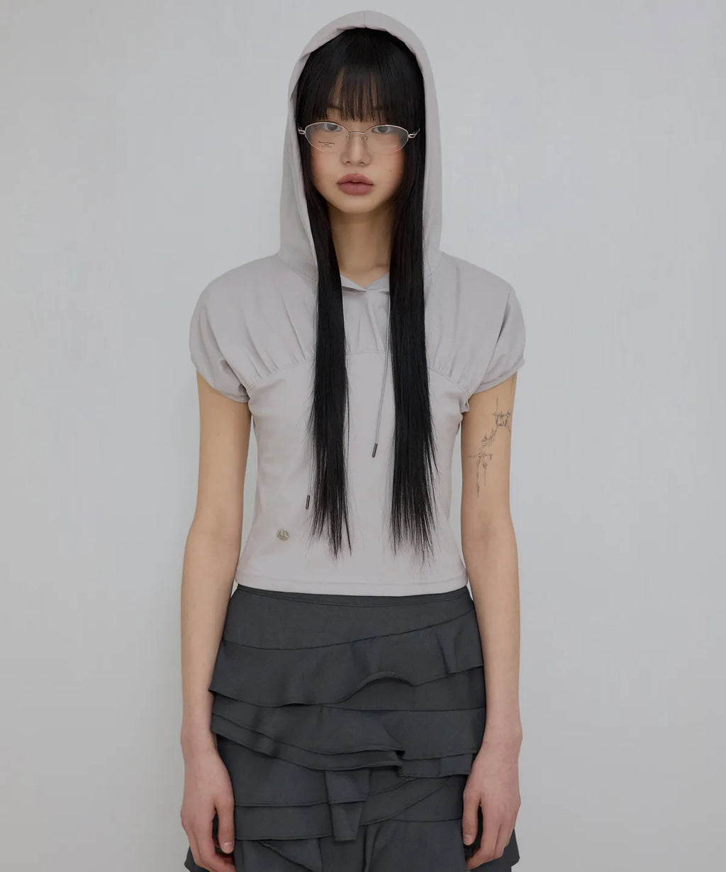 【Flare up】Kaya Shirred Hoodie [Black / Gray]