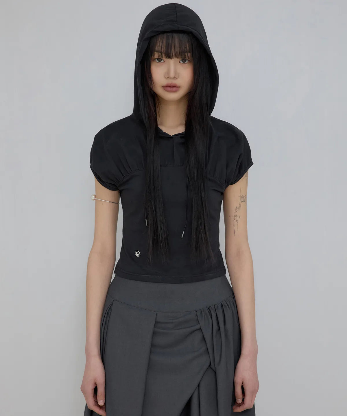 【Flare up】Kaya Shirred Hoodie [Black / Gray]