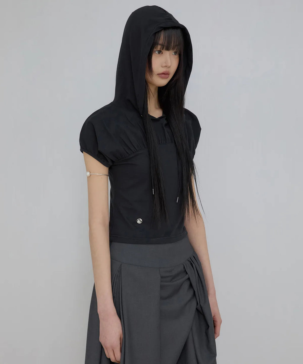 【Flare up】Kaya Shirred Hoodie [Black / Gray]