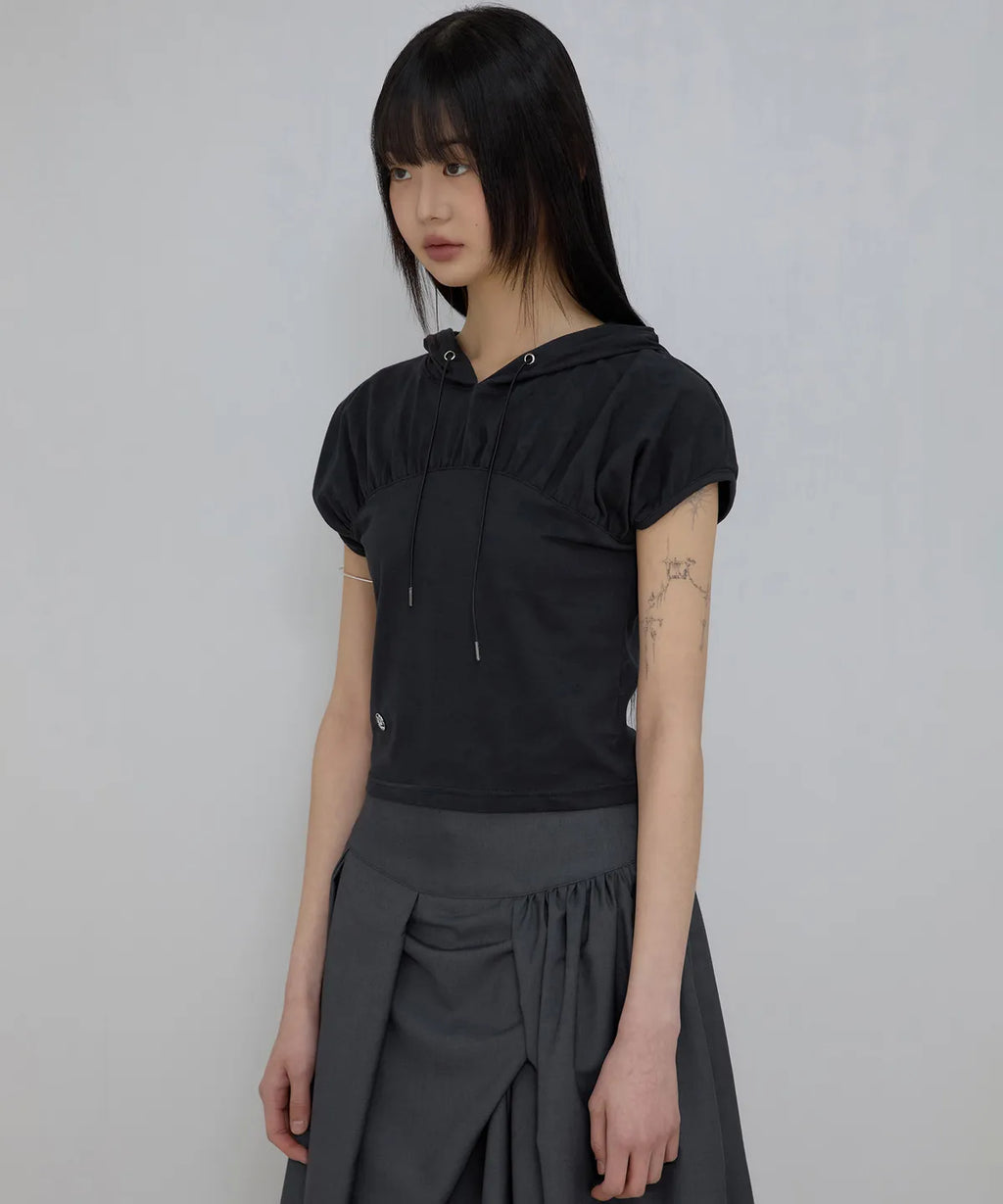 【Flare up】Kaya Shirred Hoodie [Black / Gray]