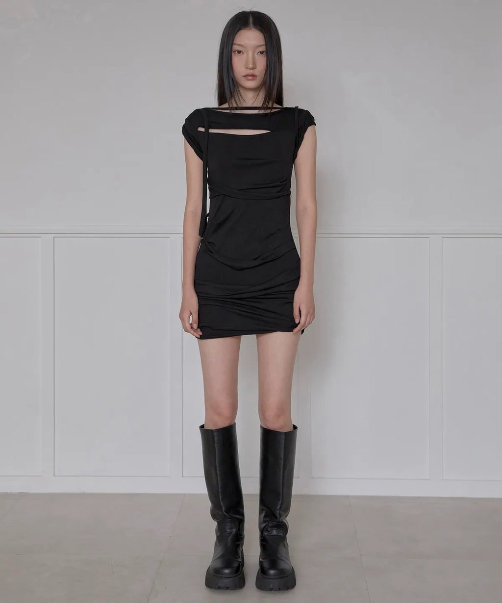 【Flare up】Asymmetrical Draped Strap Roll-Up Dress [Black / White / Gray]