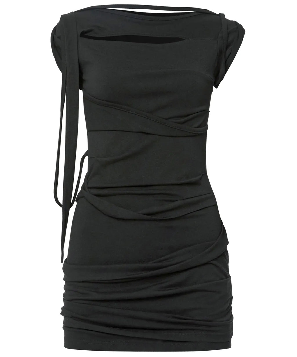 【Flare up】Asymmetrical Draped Strap Roll-Up Dress [Black / White / Gray]