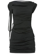 【Flare up】Asymmetrical Draped Strap Roll-Up Dress [Black / White / Gray]