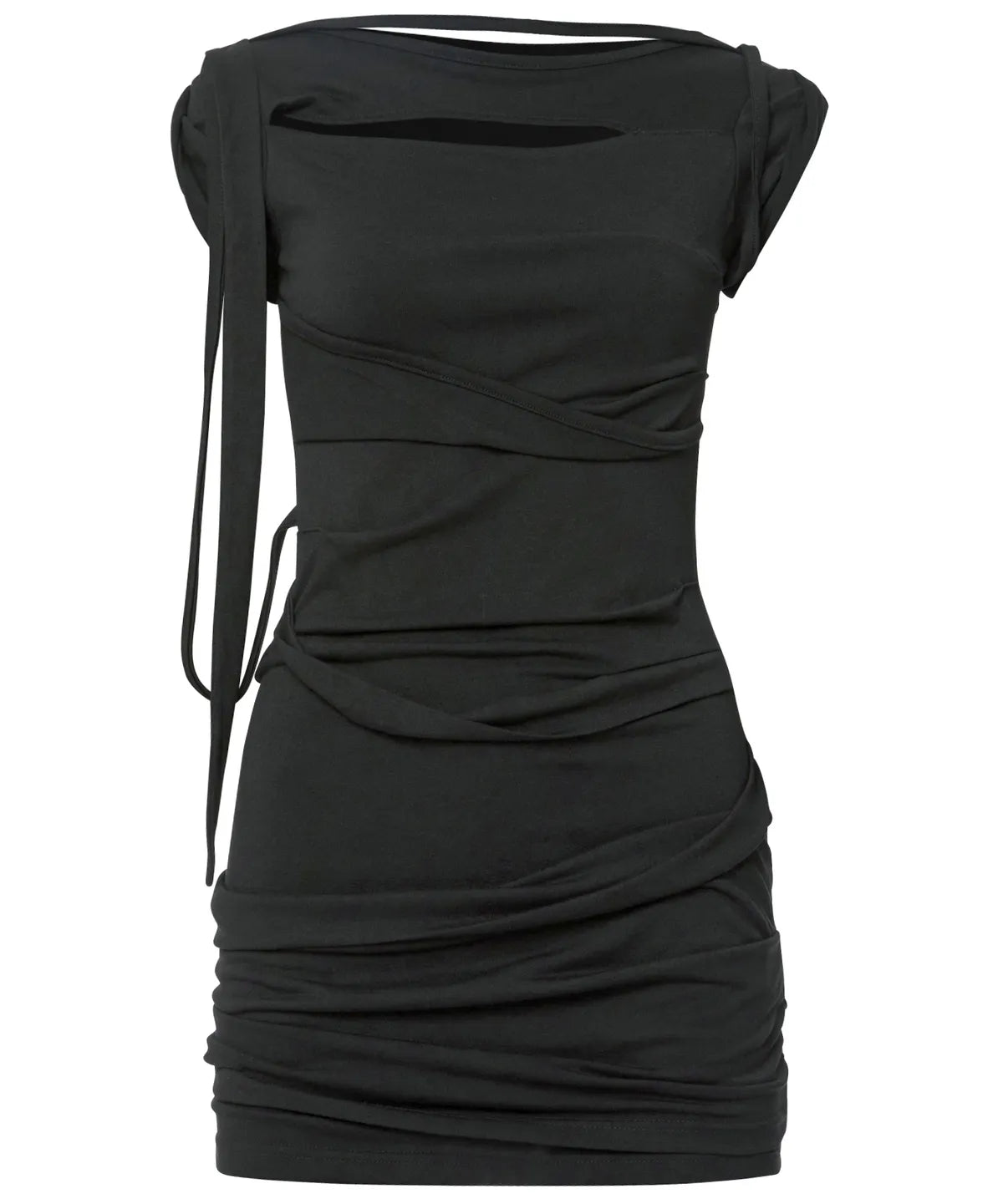 【Flare up】Asymmetrical Draped Strap Roll-Up Dress [Black / White / Gray]