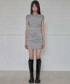 【Flare up】Asymmetrical Draped Strap Roll-Up Dress [Black / White / Gray]