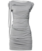 【Flare up】Asymmetrical Draped Strap Roll-Up Dress [Black / White / Gray]