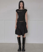 【Flare up】Asymmetrical Draped Strap Roll-Up T-Shirt [4 colors]