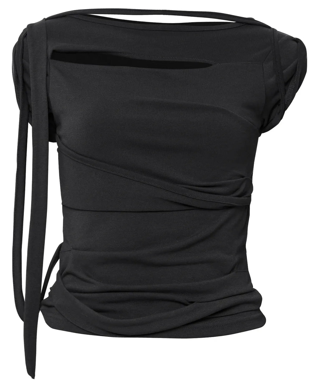 【Flare up】Asymmetrical Draped Strap Roll-Up T-Shirt [4 colors]
