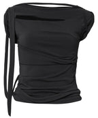 【Flare up】Asymmetrical Draped Strap Roll-Up T-Shirt [4 colors]