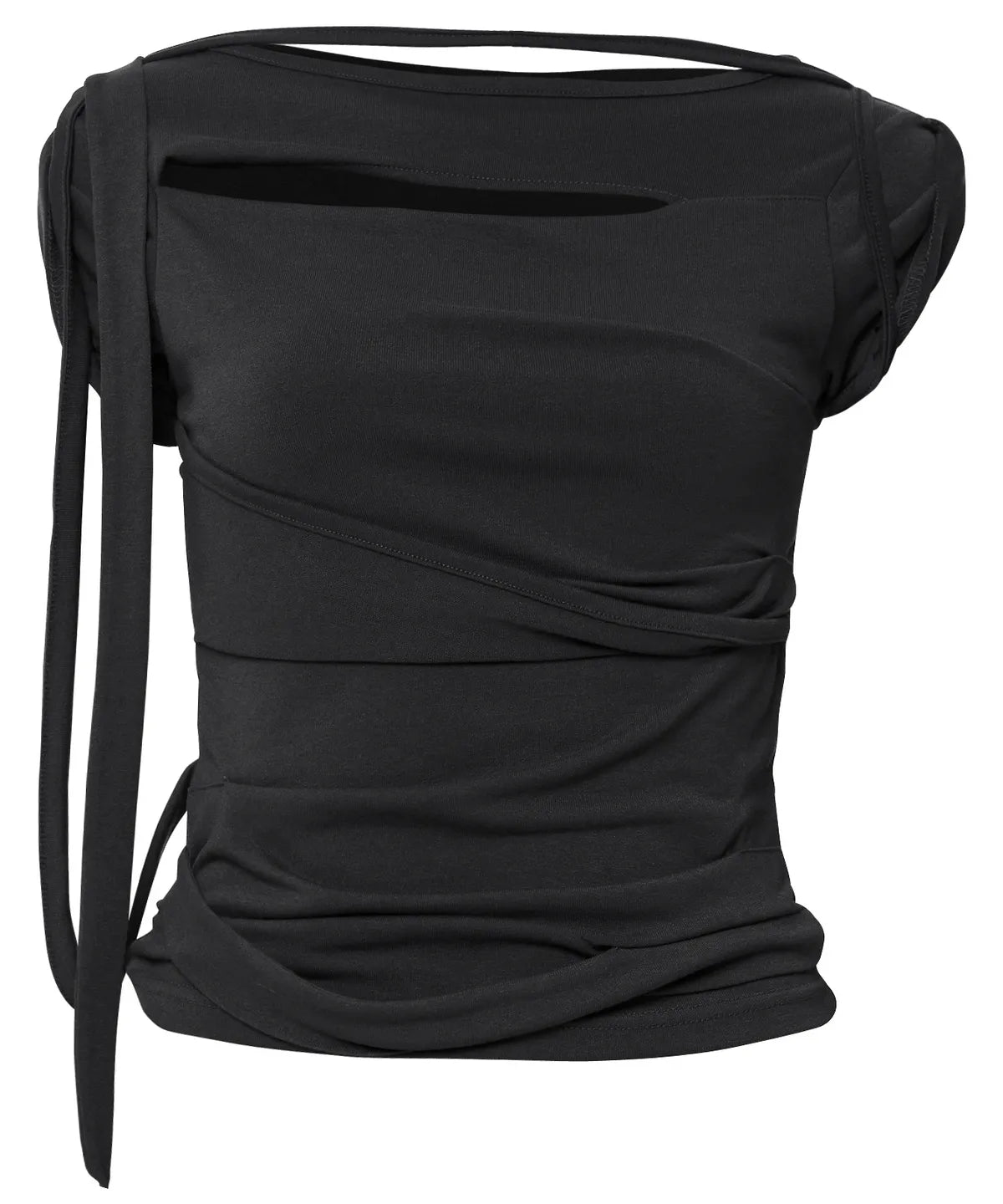 【Flare up】Asymmetrical Draped Strap Roll-Up T-Shirt [4 colors]