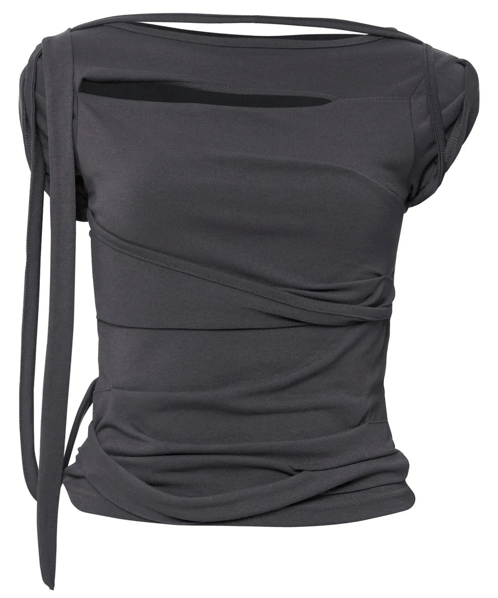 【Flare up】Asymmetrical Draped Strap Roll-Up T-Shirt [4 colors]