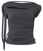【Flare up】Asymmetrical Draped Strap Roll-Up T-Shirt [4 colors]