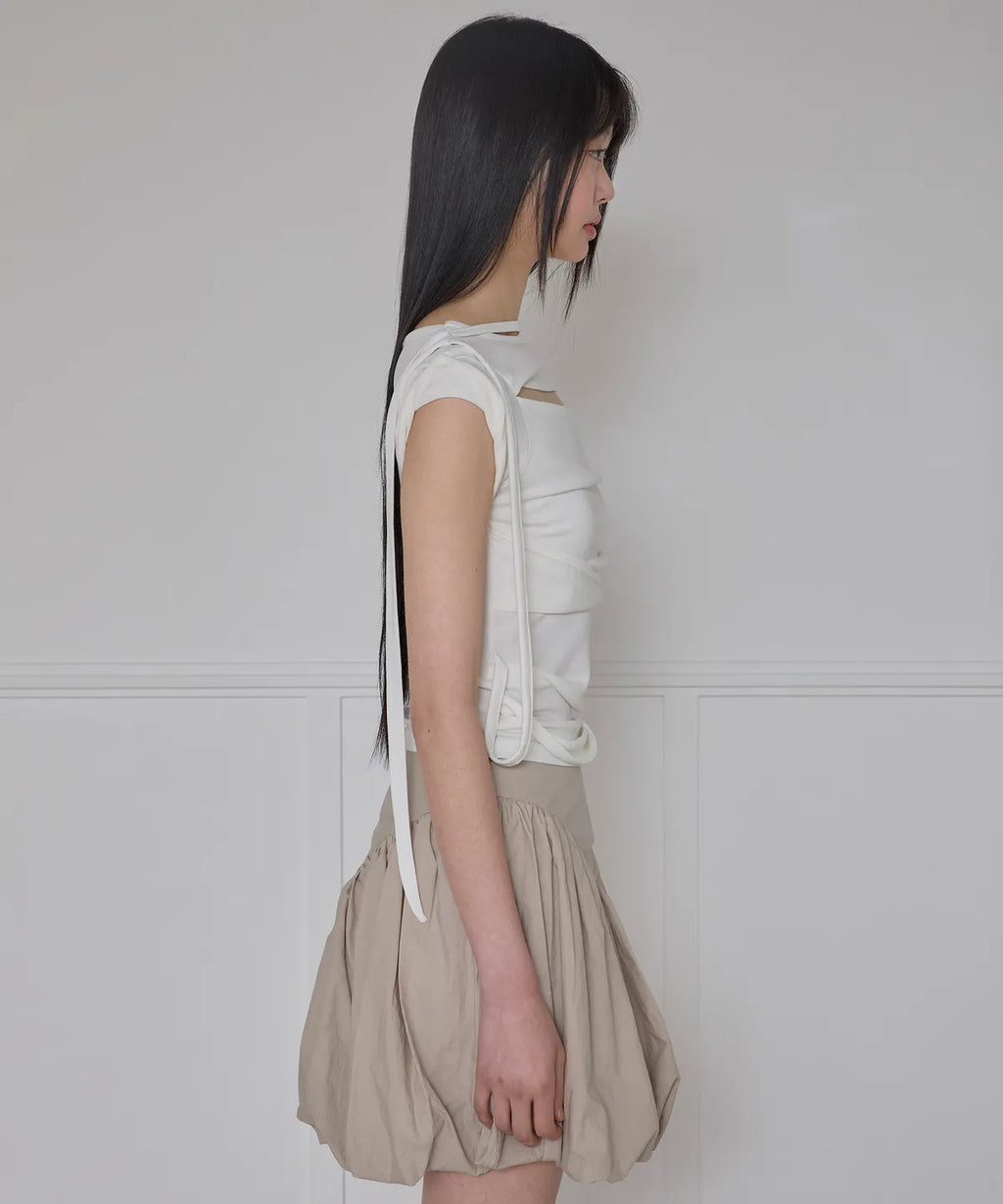 【Flare up】Asymmetrical Draped Strap Roll-Up T-Shirt [4 colors]