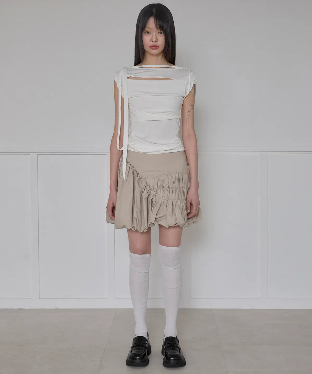 【Flare up】Asymmetrical Draped Strap Roll-Up T-Shirt [4 colors]