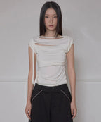 【Flare up】Asymmetrical Draped Strap Roll-Up T-Shirt [4 colors]