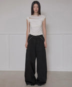 【Flare up】Asymmetrical Draped Strap Roll-Up T-Shirt [4 colors]