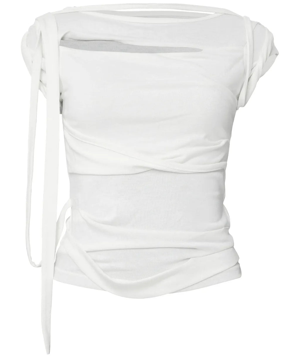 【Flare up】Asymmetrical Draped Strap Roll-Up T-Shirt [4 colors]